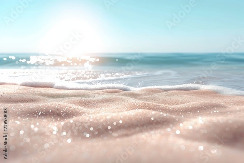 The sand on the beach with the ocean behind it, light blue and beige