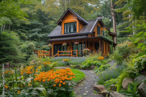 A modern house with a flower garden built in a wooden forest