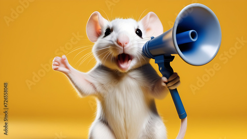 Rat speaks into a megaphone like a protester. Isolated on a yellow background. Social problems concept. Notice, warning, announcement. photo