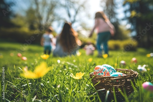 Family having a picnic on green lawn on Easter. photo