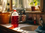 Red spray bottle on kitchen counter in sunlight.