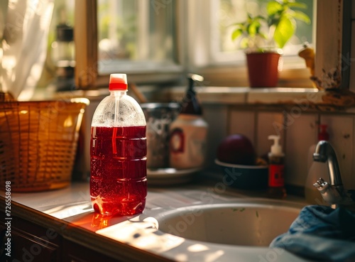 Red spray bottle on kitchen counter in sunlight.