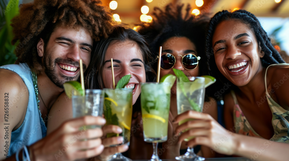 Multiethnic friends enjoying happy hour toasting fresh mojito cocktails at open bar Multiethnic friends enjoying happy hour toasting fresh mojito cocktails at open bar