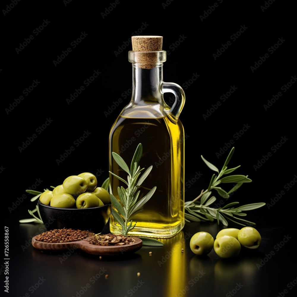 Elegant olive oil bottle with green olives and rosemary on black background. Elegant olive oil bottle with green olives and rosemary on black background.