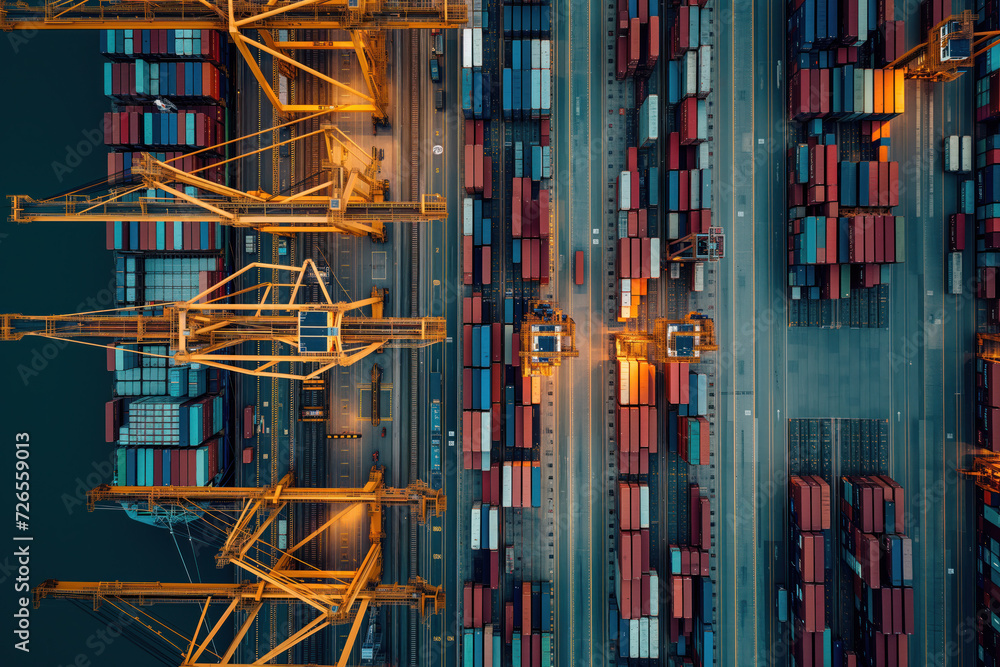 Obraz premium Top view of maritime cargo terminal. Background image. Created with Generative AI technology