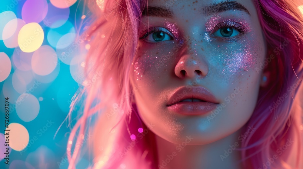 Close-up of a pretty young woman with glitter makeup and vibrant pink hair.