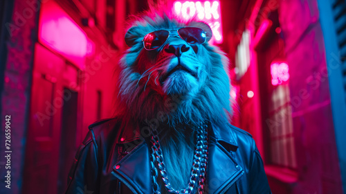 A regal lion in a sleek leather jacket, adorned with silver chains and sporting aviator sunglasses. Its backdrop, a dimly lit alley with neon signs, exudes urban coolness. The mood: confident and dari photo