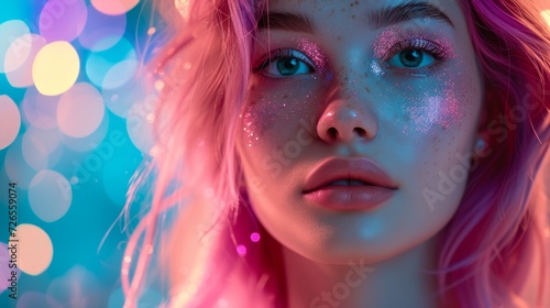 Close-up of a pretty young woman with glitter makeup and vibrant pink hair.