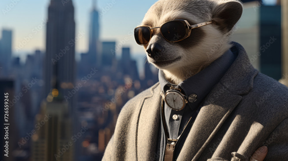 Picture a suave koala in a cashmere turtleneck sweater, accessorized with a platinum watch and a leather briefcase. Amidst a backdrop of skyscrapers at dusk, it exudes urban sophistication and busines