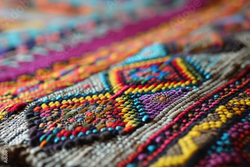 Colorful AfricanPeruvian rug surface closeup with more motifs and textiles.