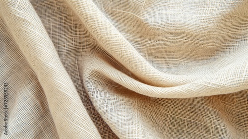 Close-up of a beige linen textile with a delicate weave. Texture background.
