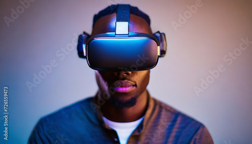 Young man using virtual reality headset. Future technology concept