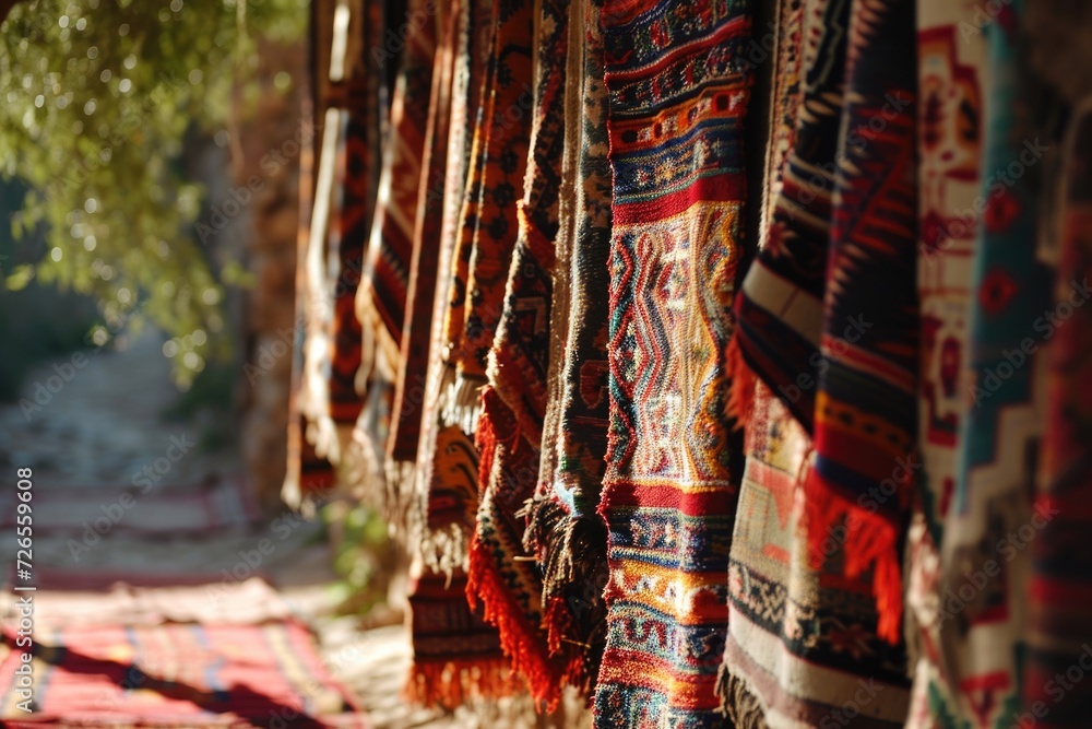 Moroccan Berber carpets hung in Ouzoud.
