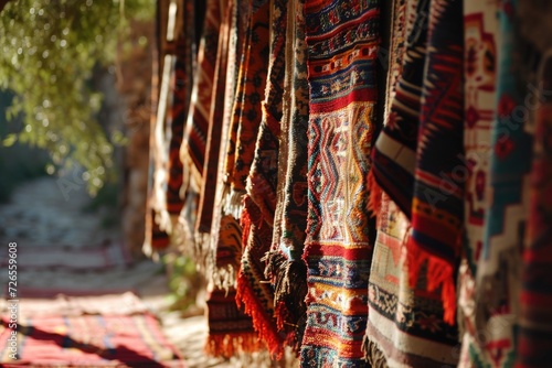 Moroccan Berber carpets hung in Ouzoud. © darshika