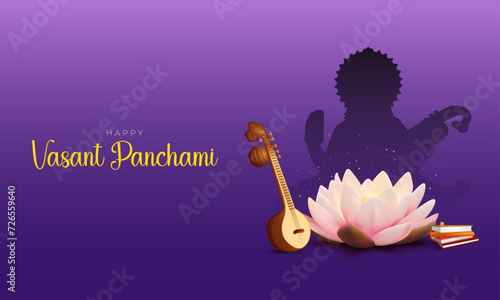 Vasant Panchami Banner and Greeting Card. Maa Saraswati Puja with Text and Sitar Background Design Vector Illustration photo