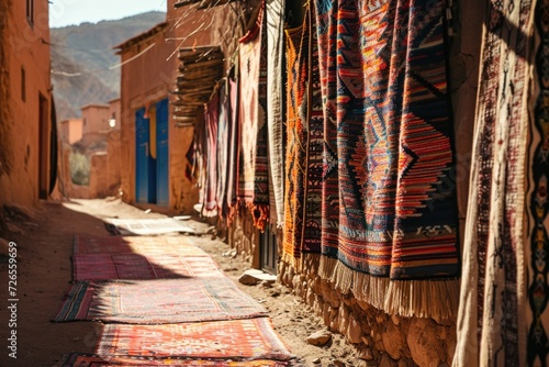 Moroccan Berber carpets hung in Ouzoud.