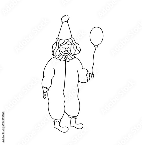 Vector isolated one single sad clown with air balloon  colorless black and white contour line easy drawing