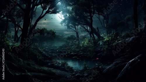dark mysterious forest panorama  fantasy landscape. Neural network AI generated art