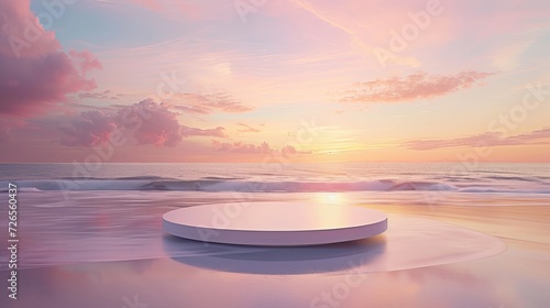 Podium Stage on Tranquil Beach at Sunset - Serene Location for Special Events Amidst Gentle Waves and Pastel Skies
