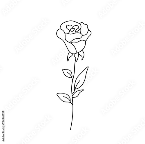 Vector isolated one single rose bud with stem and leaves  colorless black and white contour line easy drawing
