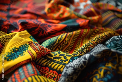 Colorful African Ghanaian fabrics spread out on table.