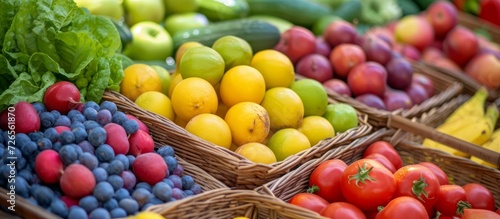 Blurry image of assorted summer fruits and veggies in baskets  close-up view.
