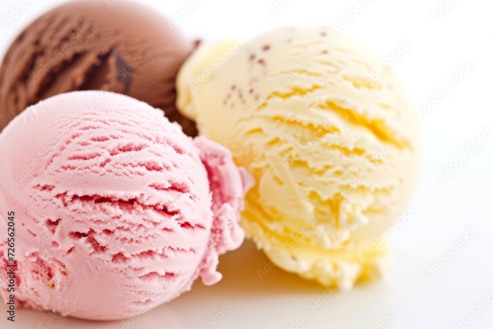 Three scoops of ice cream in strawberry, vanilla, and chocolate flavors, isolated on a white background. Three scoops of ice cream in strawberry, vanilla, and chocolate flavors, isolated on a white background.