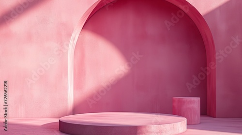 Minimalist Pink Arch and Podium, Modern Abstract Background for Product Display © R Studio