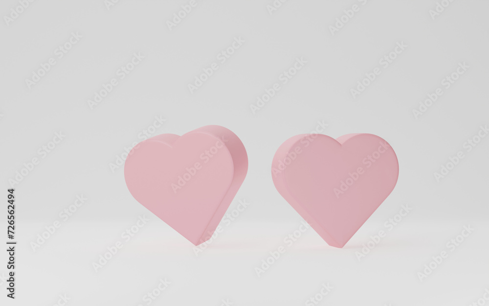 3D Render, 3D Illustration. Minimalist Valentine's day white background. Abstract geometry heart shape background.