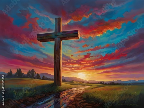 A vibrant. colorful image of a wooden cross at the end of an ancient path against a dynamic painted sky evokes guidance and a spiritual journey. Generative AI © Carlos
