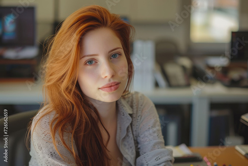 Beautiful young woman is sitting in the office and looking at camera