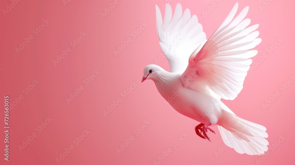Obraz premium White Dove flying on pink background. Copy space for text