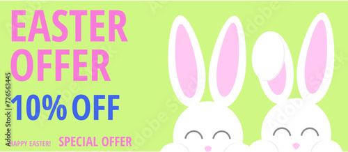 Sweet easter sale illustration with color Painted Egg and white rabbit on yellow background. Vector Easter Holiday Design Template for Coupon, Banner, Voucher or Promotional Poster. Bunnywith label.