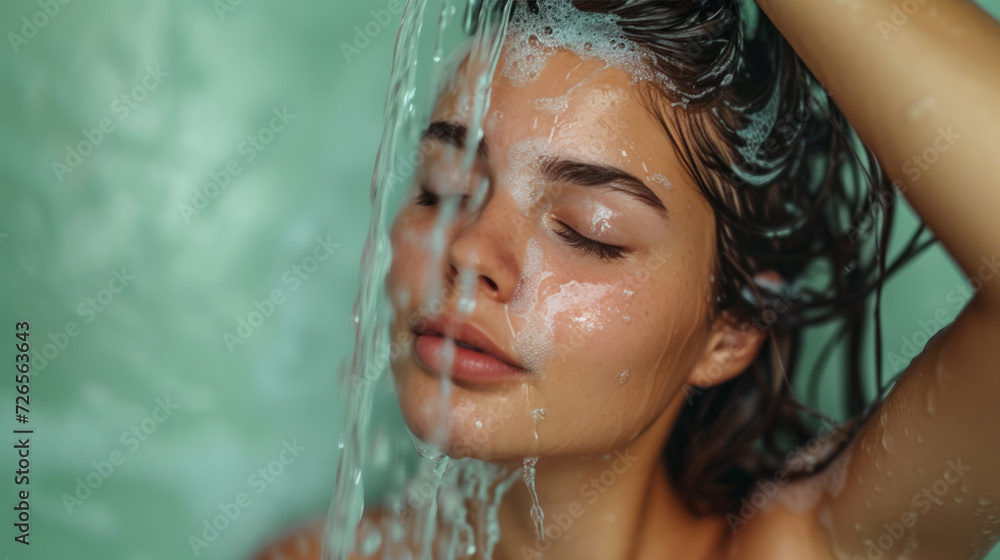 young woman washing her hair in the shower against a light green background
