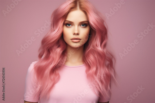 Long Wavy Pink-Haired Woman Rocking a Fashionable Pink Shirt