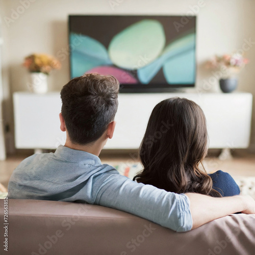 Couple interior living room watching television