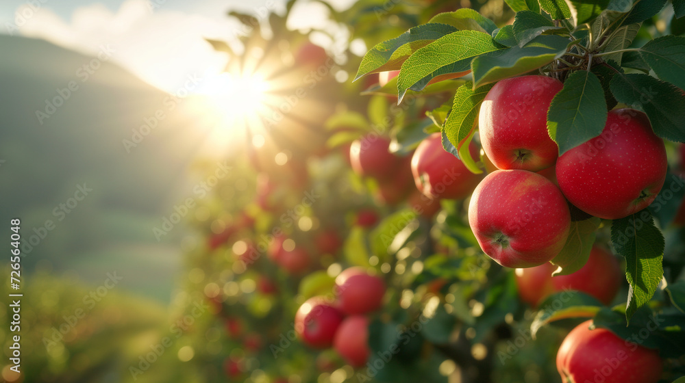 Fruit farm with apple trees. Branch with natural apples on blurred background of apple orchard in golden hour. Concept organic, local, season fruits and harvesting. Apples with water dripping on them Fruit farm with apple trees. Branch with natural apples on blurred background of apple orchard in golden hour. Concept organic, local, season fruits and harvesting. Apples with water dripping on them