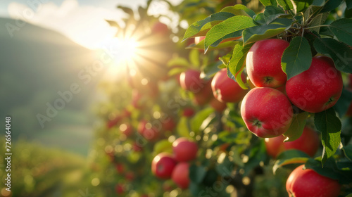 Fruit farm with apple trees. Branch with natural apples on blurred background of apple orchard in golden hour. Concept organic, local, season fruits and harvesting. Apples with water dripping on them