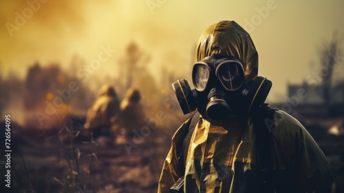 Soldier wearing a gas mask in disaster war and military concept. Neural network AI generated art photo