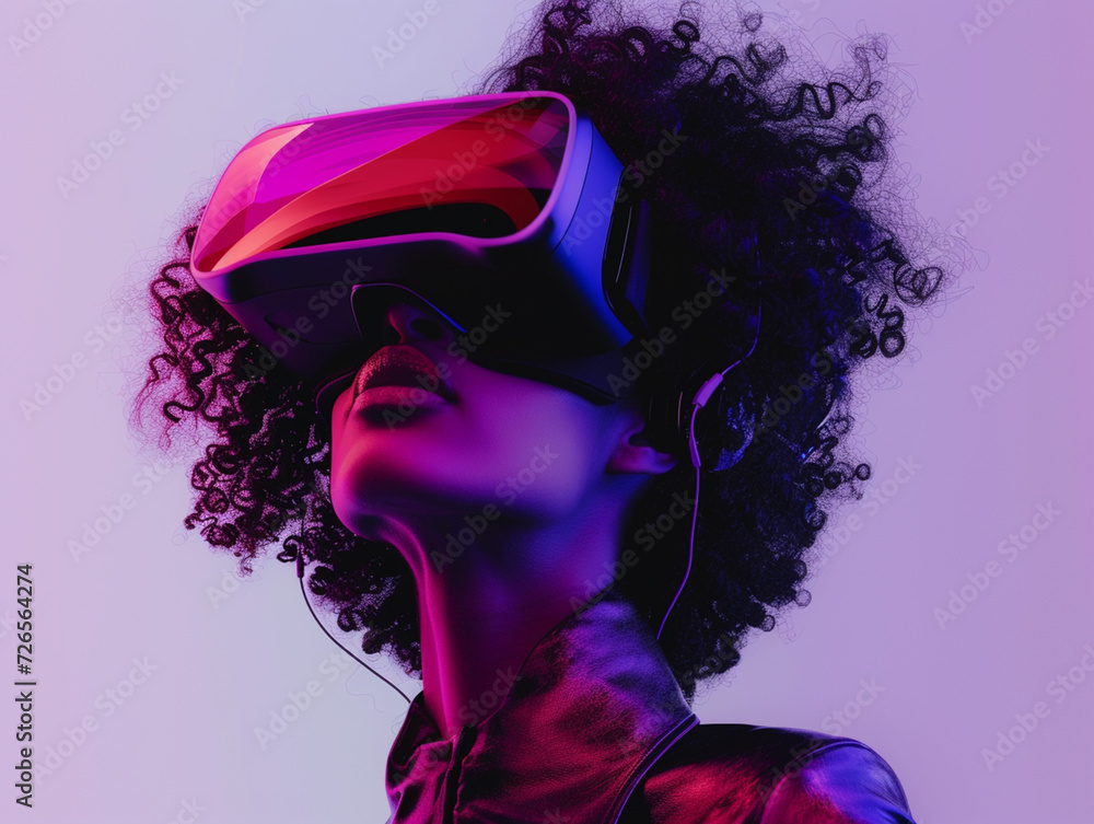 A woman wearing virtual reality goggles. Concept of future technologies. The future is now. neon light.