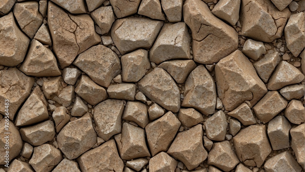 Smooth and rough stones arranged in a tight pattern on sandy soil, showcasing texture and stone variety.