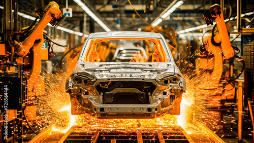 Robotic arms welding a car frame on the assembly line in an automotive factory with sparks flying.