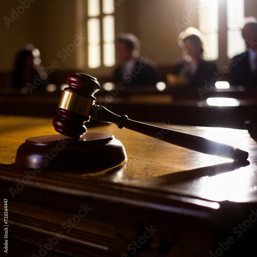 Judges gavel in court room in front of jury dramatic lighting