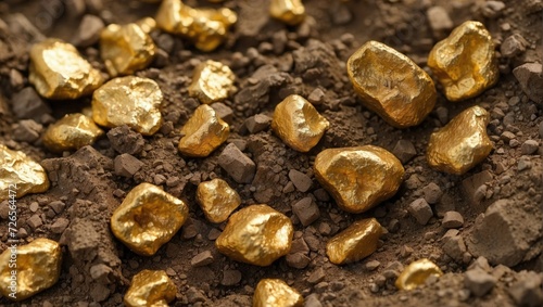 Large gold nuggets on brown dirt, emphasizing the contrast and richness of unearthed precious metal. photo