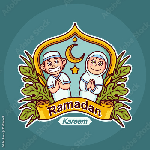 Cute cartoon boy and girl during Ramadan