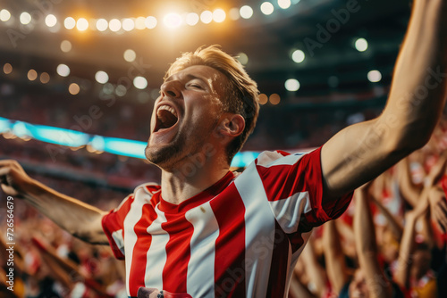football player in a red-white stripes uniform rejoices at a goal scored in a stadium filled with spectators