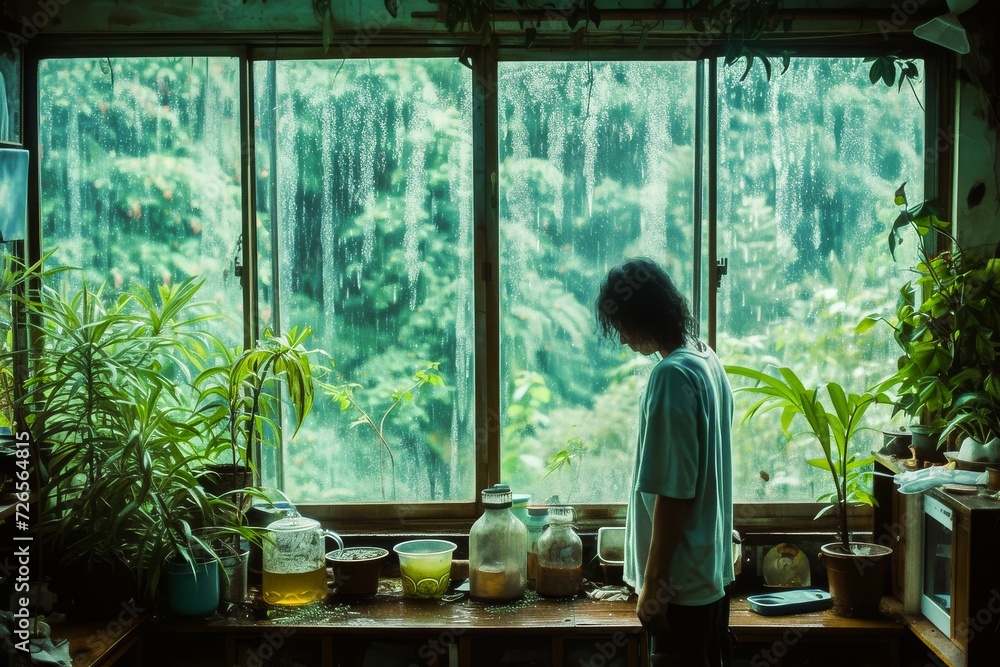 A peaceful scene of a person with a rain-soaked window, surrounded by lush indoor plants and natural light. A peaceful scene of a person with a rain-soaked window, surrounded by lush indoor plants and natural light.