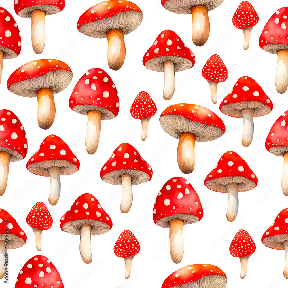 Watercolor seamless pattern of red fly agaric. Watercolor seamless pattern of red fly agaric.