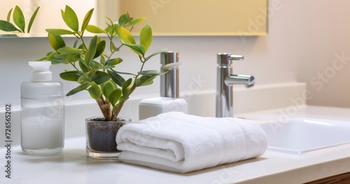 A Stylish Bathroom Tray Holding Towels and Soap  Next to a Potted Plant on a Marble Countertop  Beneath a Vanity Mirror