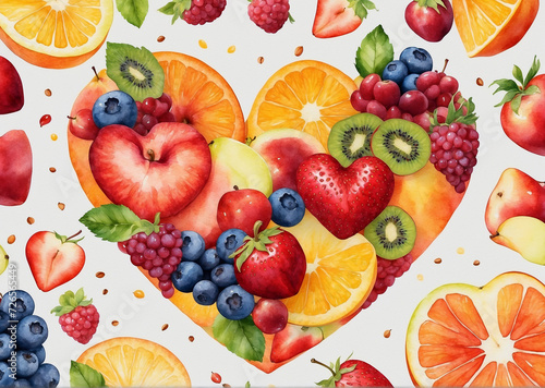 fruit heart. delicate watercolor illustration.